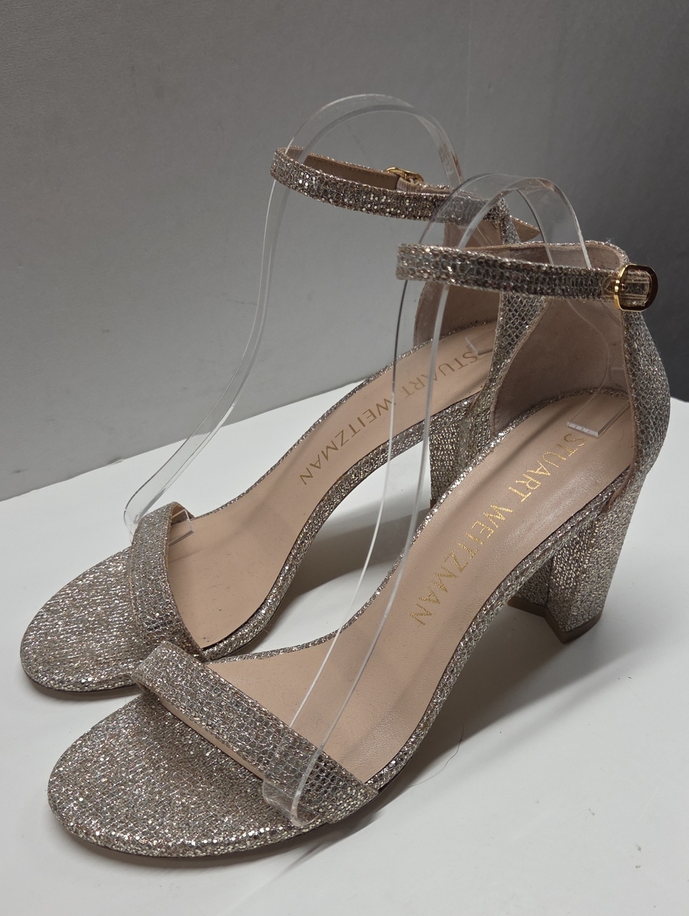 Stuart Weitzman Glitter Block Heel Sandals in Nude Gold Size 9.5